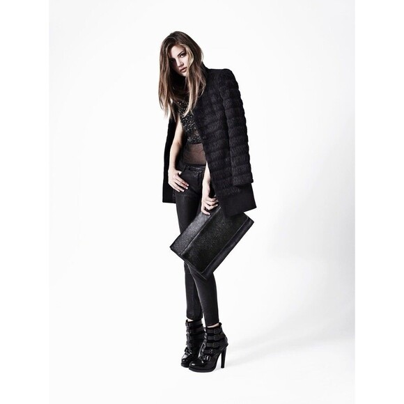 AllSaints Women’s Black Fur Shield Wool-Alpaca Blend Coat Blazer Size US 4 UK 36 - Picture 1 of 9